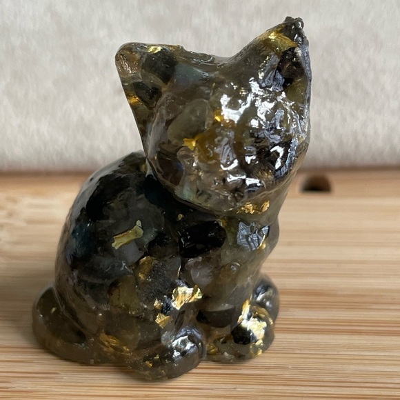 Natural Labradorite Cat With Gold Flakes – Approx. 2” Handmade Crystal Sculpture - Picture 1 of 10
